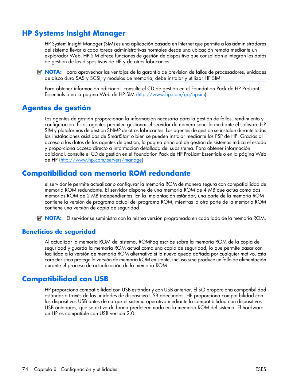 Hp systems insight manager, Agentes de gestión, Compatibilidad con memoria rom redundante | Beneficios de seguridad, Compatibilidad con usb | HP Servidor HP ProLiant DL380 G5 User Manual | Page 82 / 137