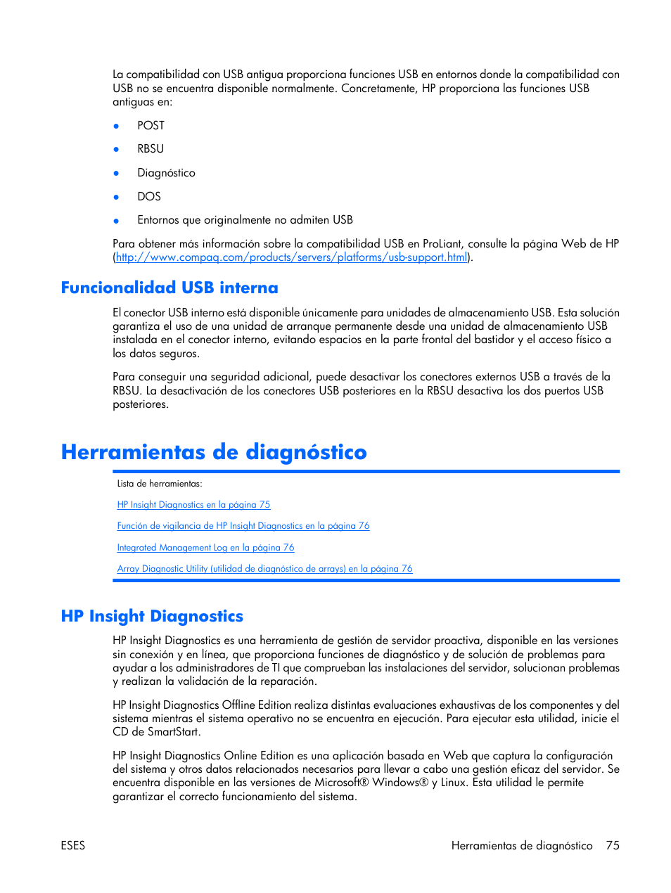 Funcionalidad usb interna, Herramientas de diagnóstico, Hp insight diagnostics | Hp insight | HP Servidor HP ProLiant DL380 G5 User Manual | Page 83 / 137