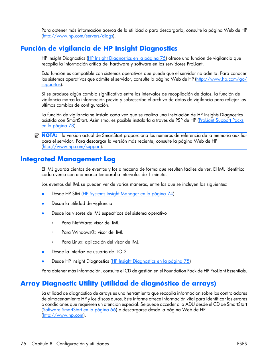 Función de vigilancia de hp insight diagnostics, Integrated management log, Arrays | HP Servidor HP ProLiant DL380 G5 User Manual | Page 84 / 137