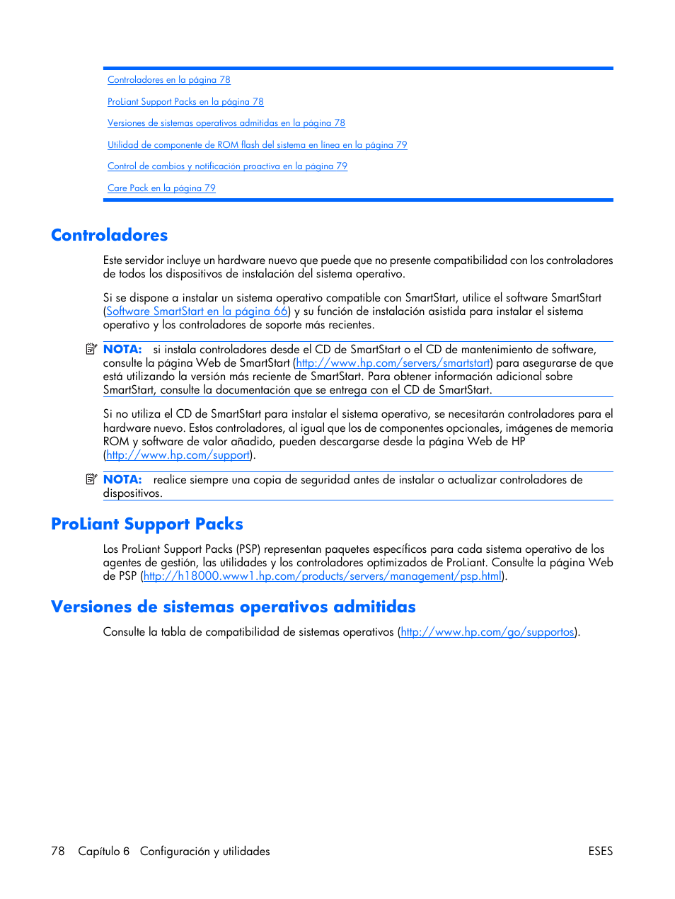 Controladores, Proliant support packs, Versiones de sistemas operativos admitidas | De hp | HP Servidor HP ProLiant DL380 G5 User Manual | Page 86 / 137