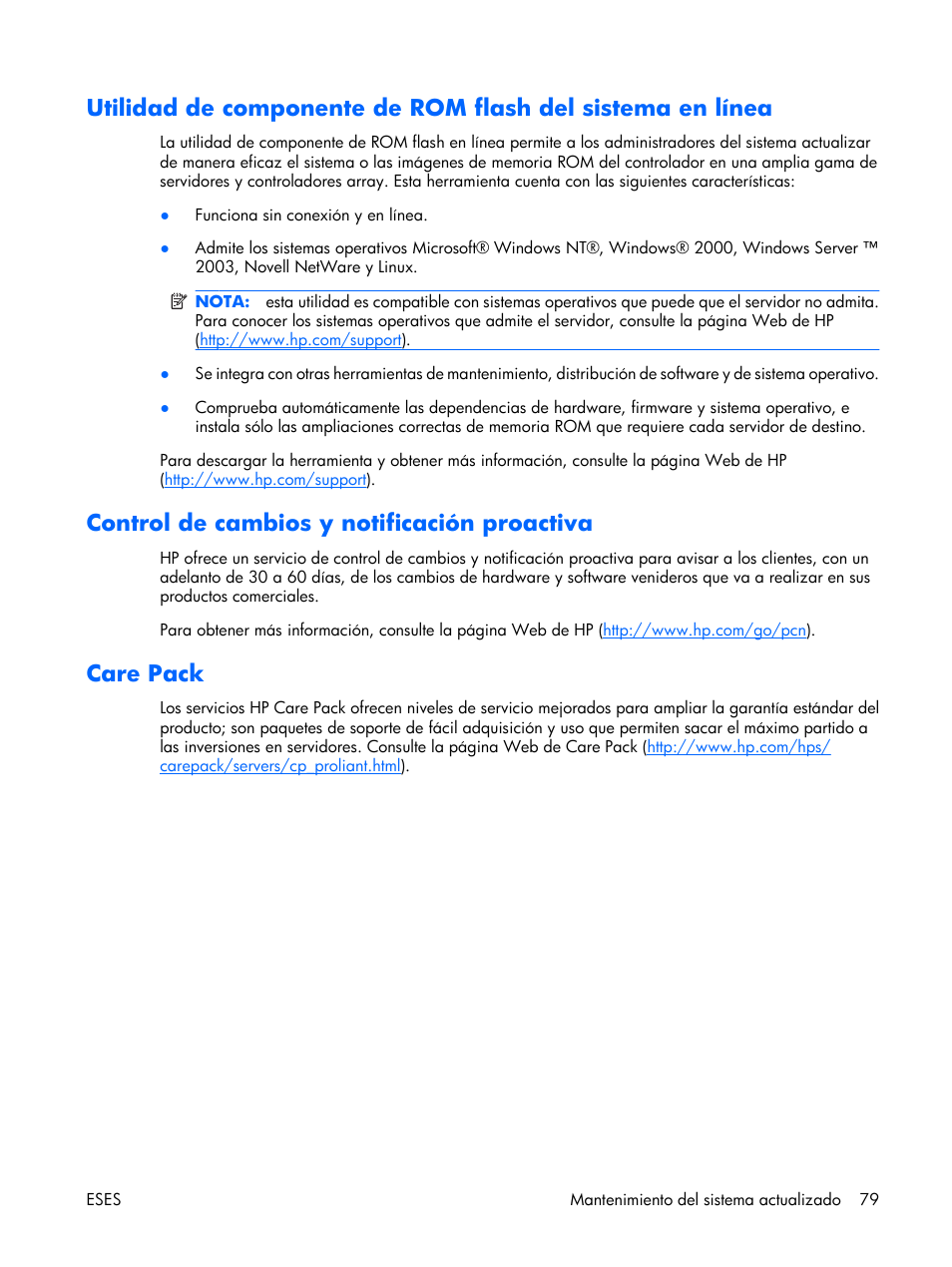 Control de cambios y notificación proactiva, Care pack | HP Servidor HP ProLiant DL380 G5 User Manual | Page 87 / 137