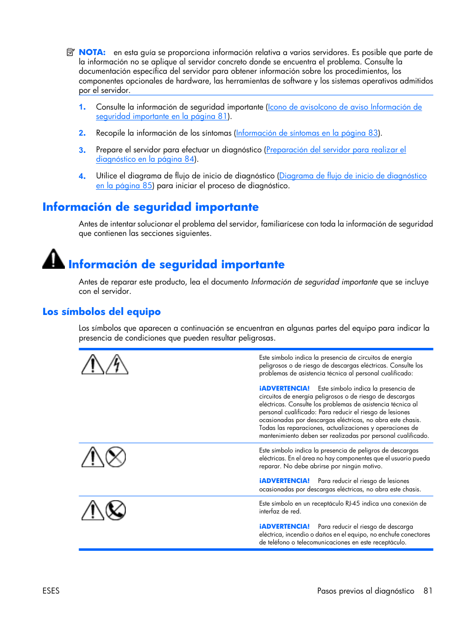 Información de seguridad importante, Los símbolos del equipo | HP Servidor HP ProLiant DL380 G5 User Manual | Page 89 / 137