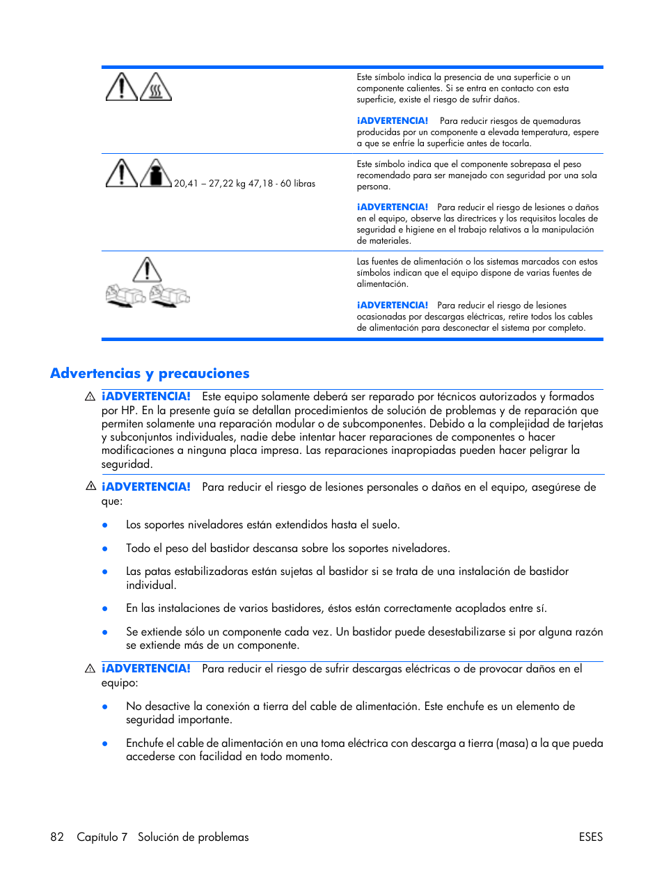 Advertencias y precauciones | HP Servidor HP ProLiant DL380 G5 User Manual | Page 90 / 137