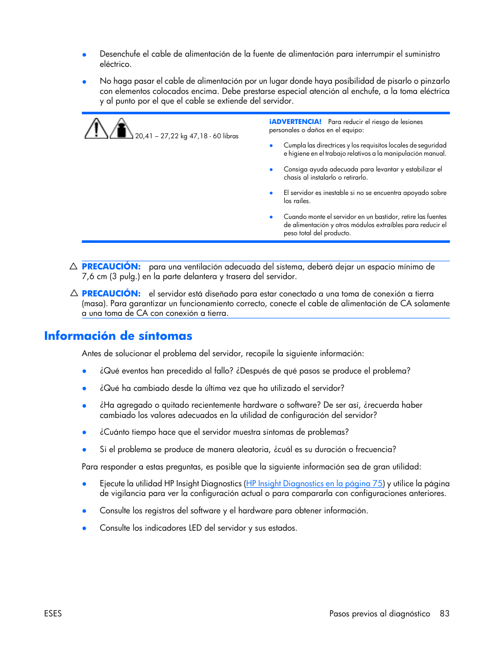 Información de síntomas | HP Servidor HP ProLiant DL380 G5 User Manual | Page 91 / 137