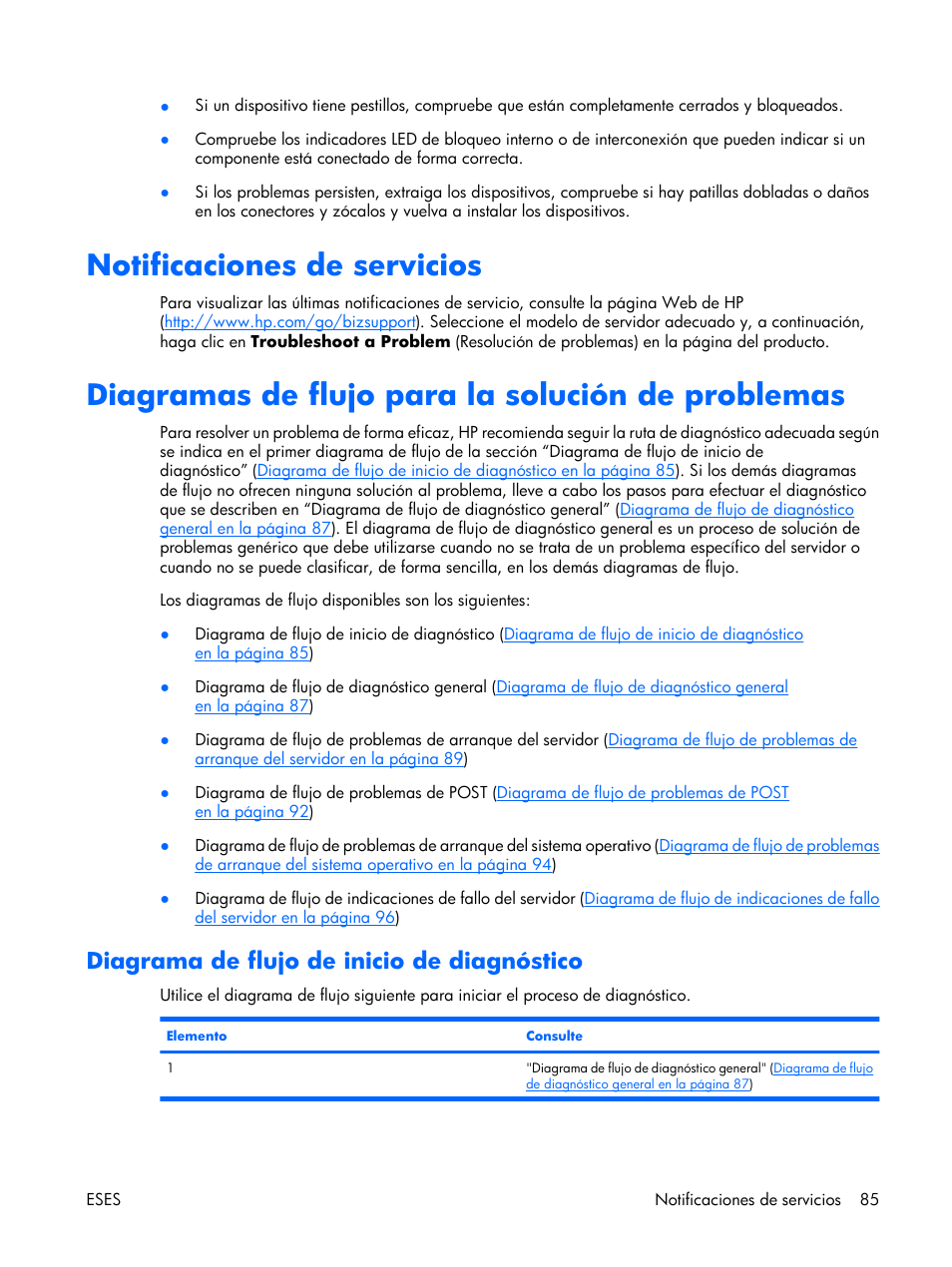 Notificaciones de servicios, Diagramas de flujo para la solución de problemas, Diagrama de flujo de inicio de diagnóstico | Nóstico | HP Servidor HP ProLiant DL380 G5 User Manual | Page 93 / 137