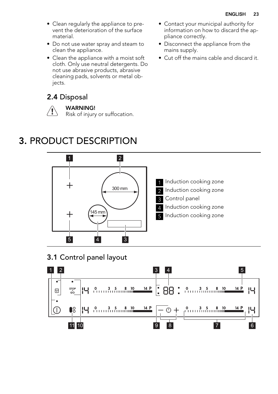 Product description, 4 disposal, 1 control panel layout | AEG HK854320FB User Manual | Page 23 / 72