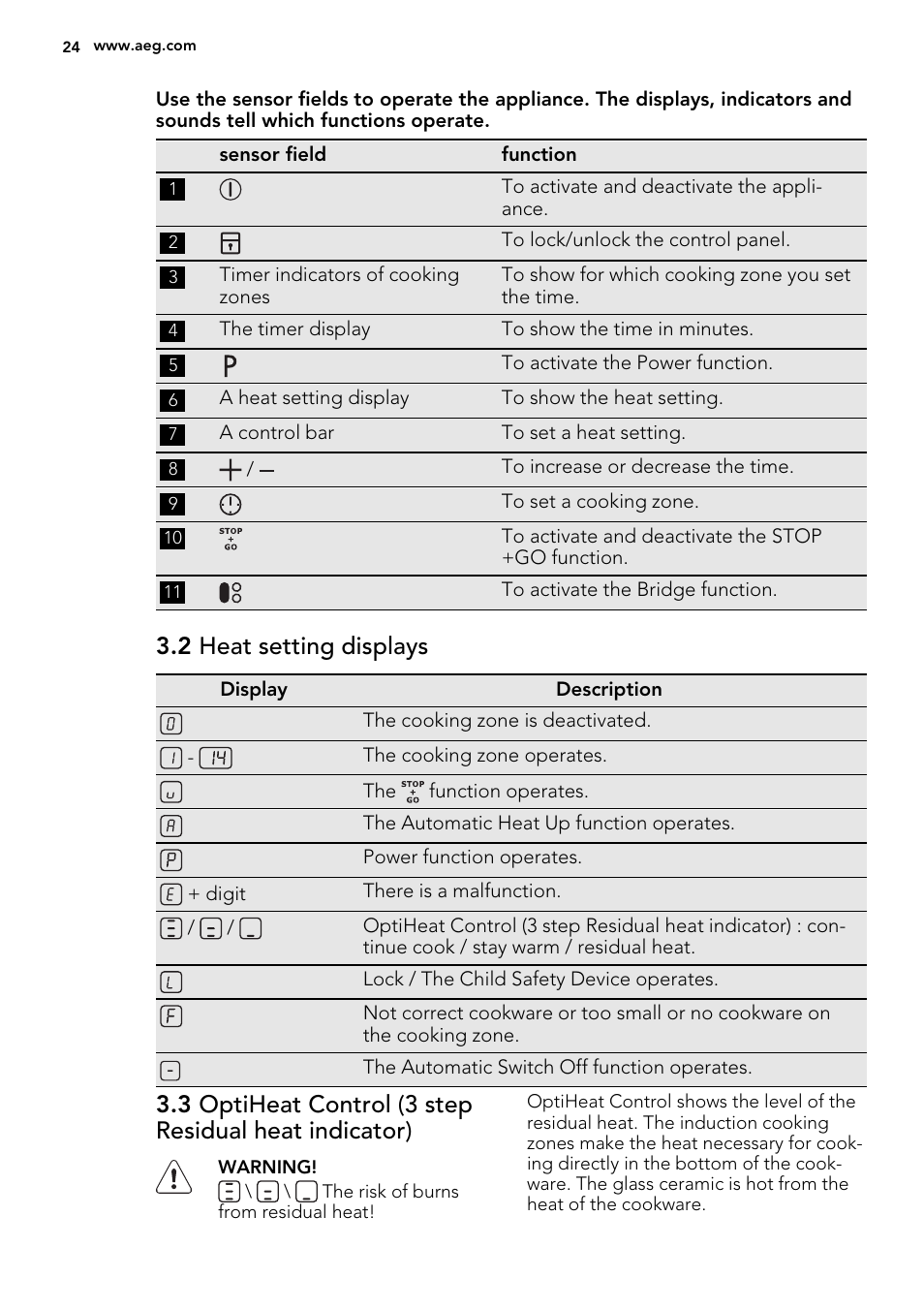 2 heat setting displays | AEG HK854320FB User Manual | Page 24 / 72