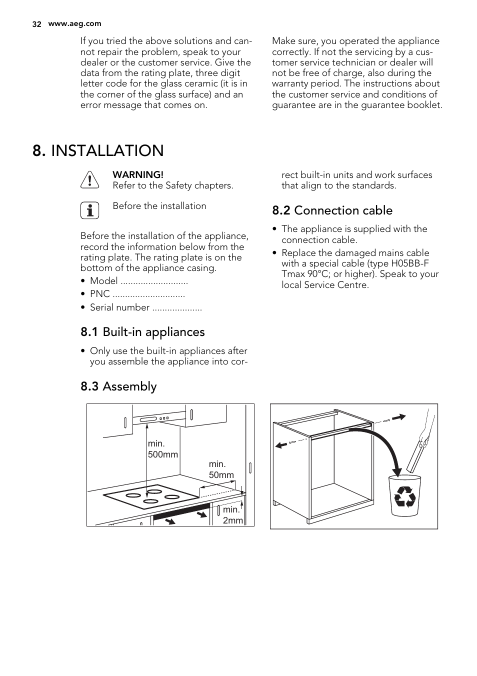 Installation, 1 built-in appliances, 2 connection cable | 3 assembly | AEG HK854320FB User Manual | Page 32 / 72