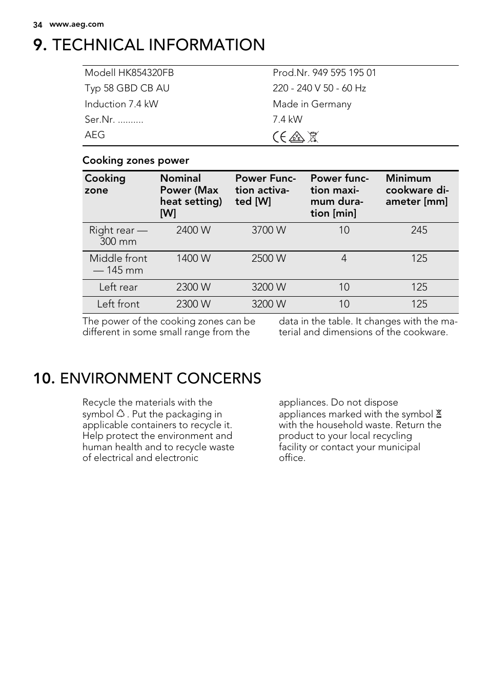 Technical information, Environment concerns | AEG HK854320FB User Manual | Page 34 / 72