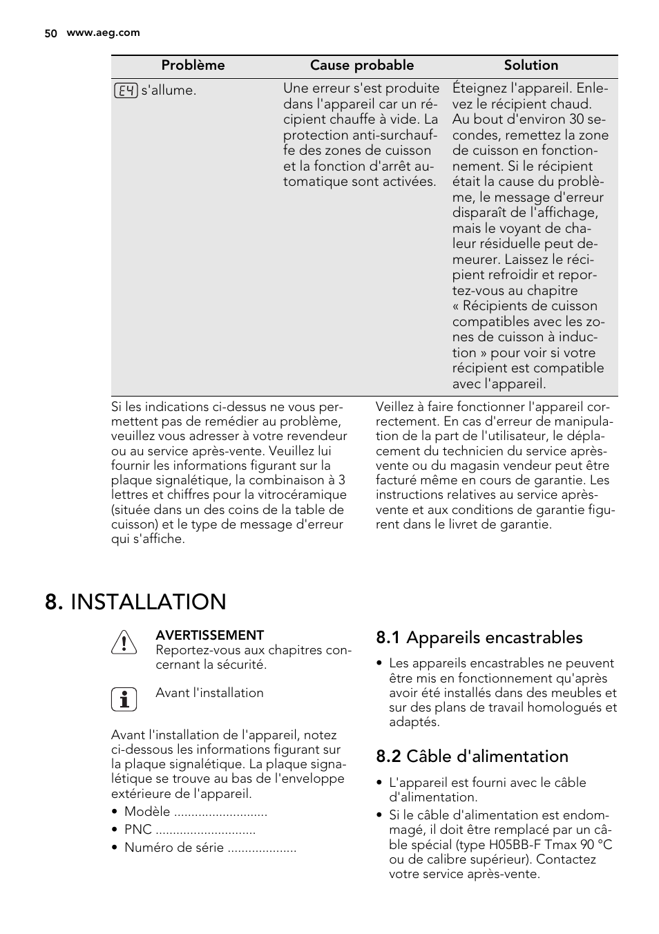 Installation, 1 appareils encastrables, 2 câble d'alimentation | AEG HK854320FB User Manual | Page 50 / 72