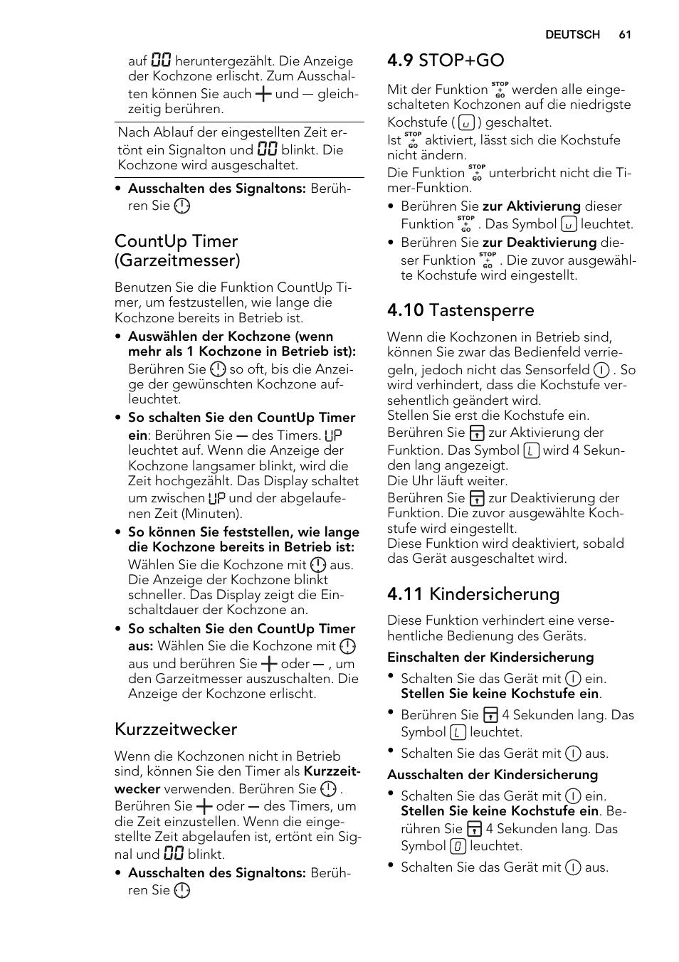 Countup timer (garzeitmesser), Kurzzeitwecker, 9 stop+go | 10 tastensperre, 11 kindersicherung | AEG HK854320FB User Manual | Page 61 / 72