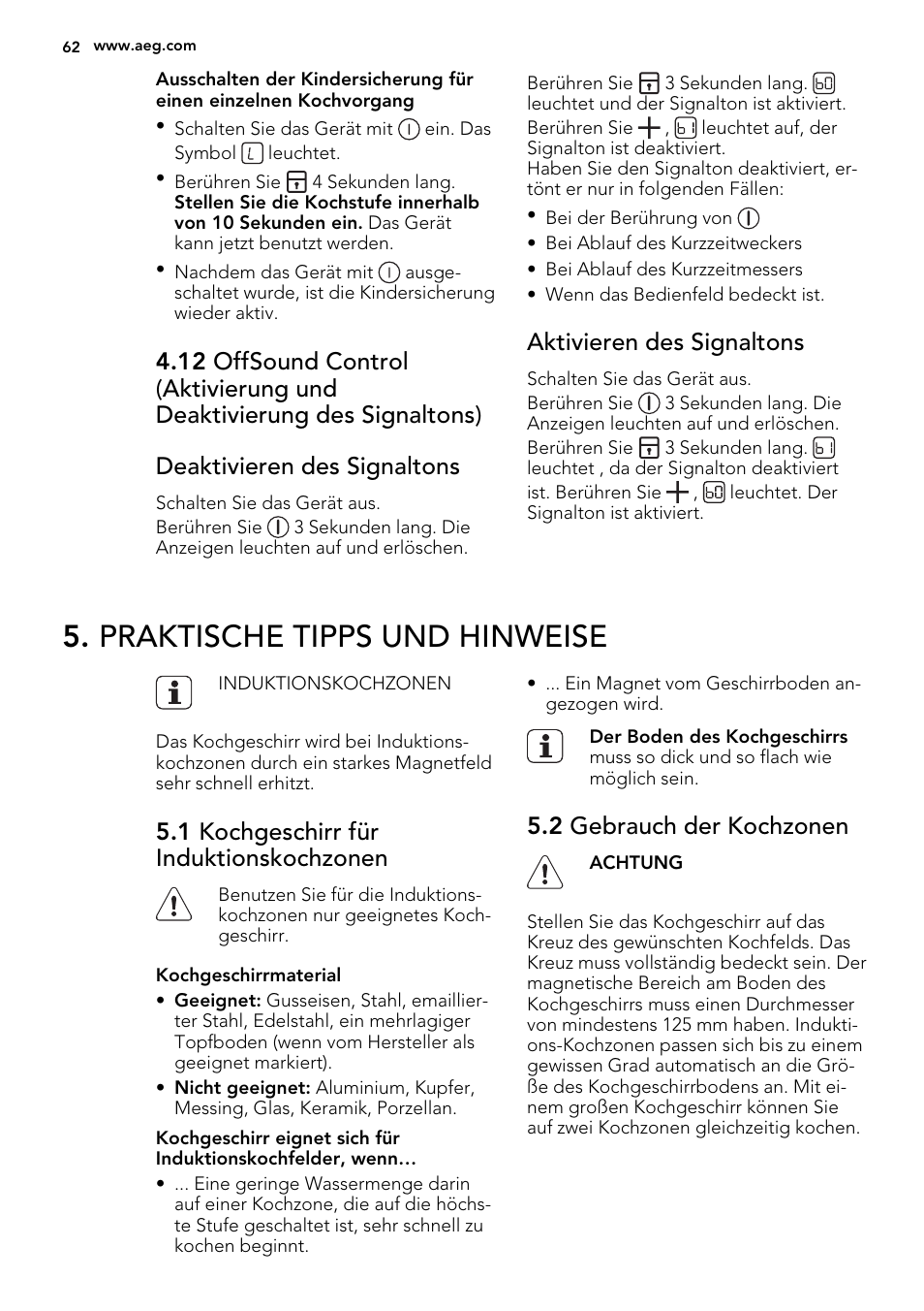 Praktische tipps und hinweise, Aktivieren des signaltons, 1 kochgeschirr für induktionskochzonen | 2 gebrauch der kochzonen | AEG HK854320FB User Manual | Page 62 / 72