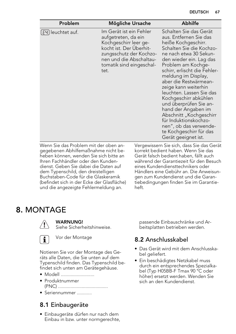Montage, 1 einbaugeräte, 2 anschlusskabel | AEG HK854320FB User Manual | Page 67 / 72