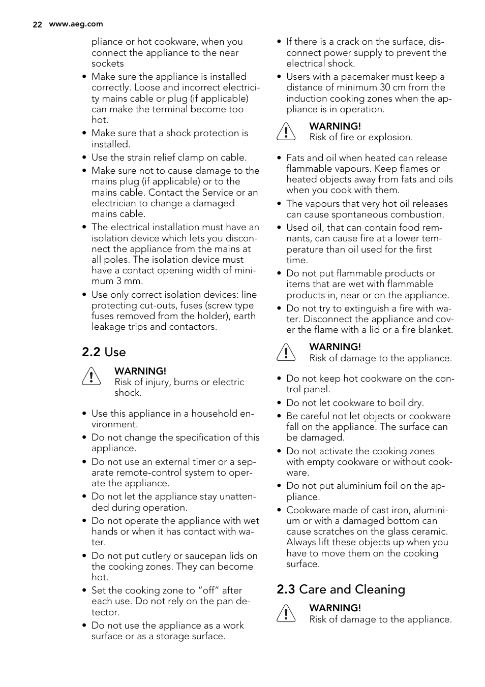 2 use, 3 care and cleaning | AEG HK854220XB User Manual | Page 22 / 72