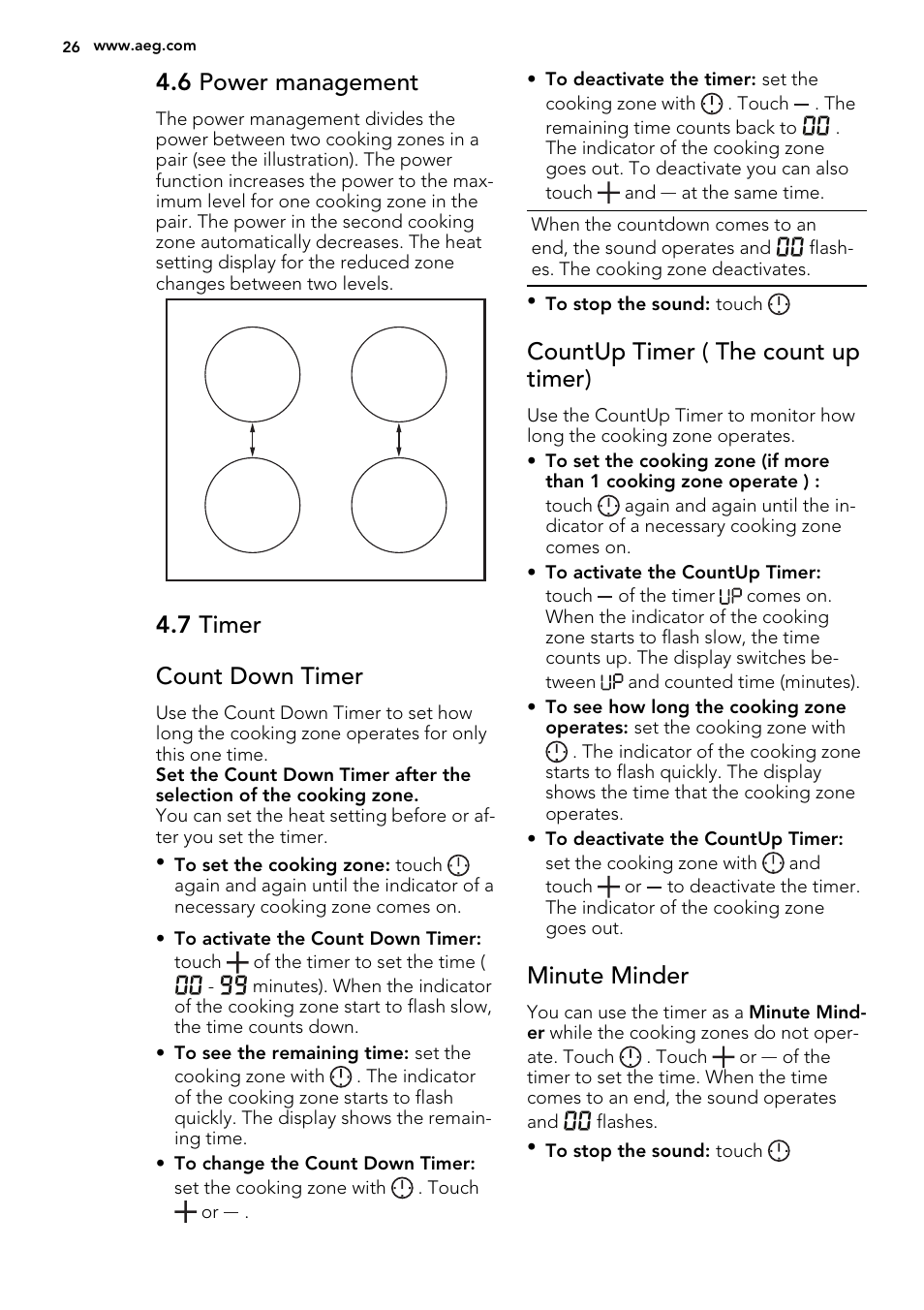 6 power management, 7 timer count down timer, Countup timer ( the count up timer) | Minute minder | AEG HK854220XB User Manual | Page 26 / 72