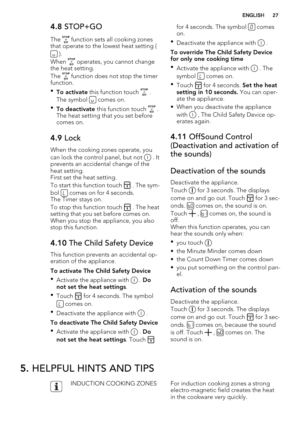 Helpful hints and tips, 8 stop+go, 9 lock | 10 the child safety device, Activation of the sounds | AEG HK854220XB User Manual | Page 27 / 72