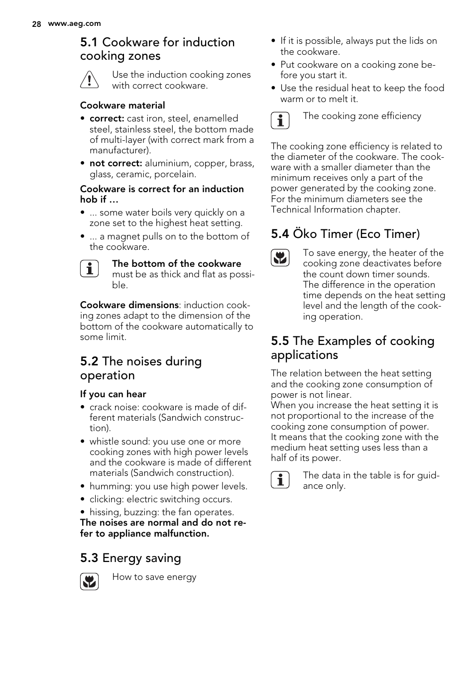 1 cookware for induction cooking zones, 2 the noises during operation, 3 energy saving | 4 öko timer (eco timer), 5 the examples of cooking applications | AEG HK854220XB User Manual | Page 28 / 72