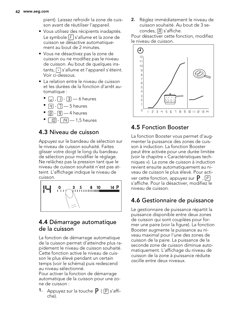 3 niveau de cuisson, 4 démarrage automatique de la cuisson, 5 fonction booster | 6 gestionnaire de puissance | AEG HK854220XB User Manual | Page 42 / 72