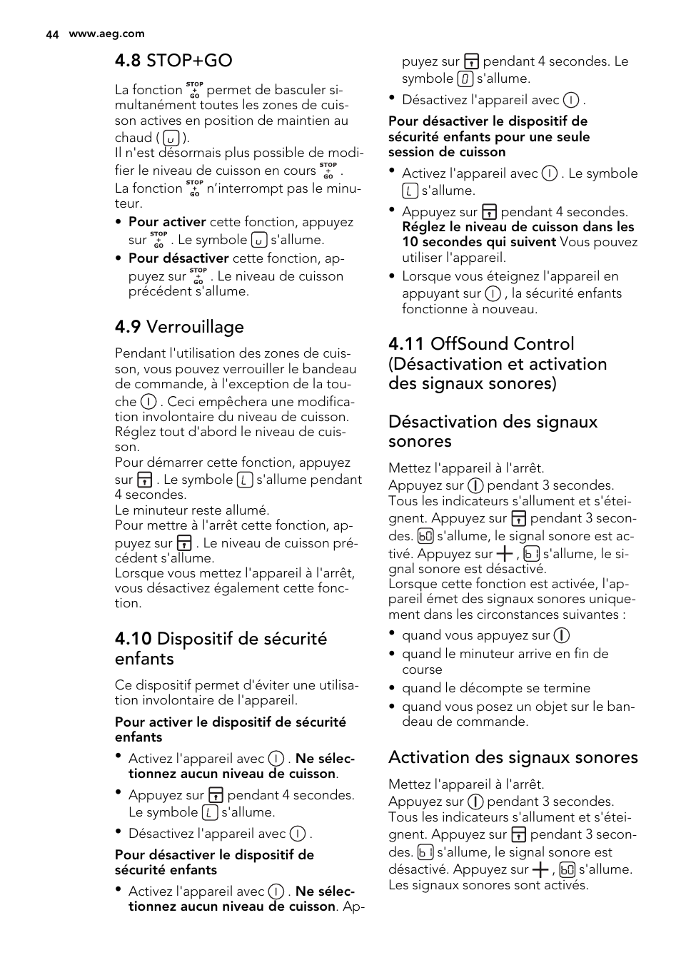 8 stop+go, 9 verrouillage, 10 dispositif de sécurité enfants | Activation des signaux sonores | AEG HK854220XB User Manual | Page 44 / 72