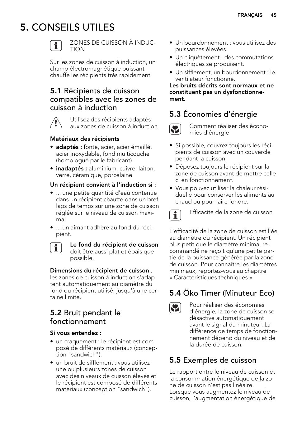 Conseils utiles, 2 bruit pendant le fonctionnement, 3 économies d'énergie | 4 öko timer (minuteur eco), 5 exemples de cuisson | AEG HK854220XB User Manual | Page 45 / 72