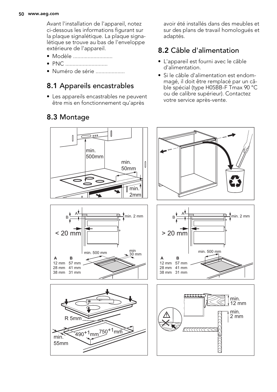 1 appareils encastrables, 2 câble d'alimentation, 3 montage | 20 mm | AEG HK854220XB User Manual | Page 50 / 72