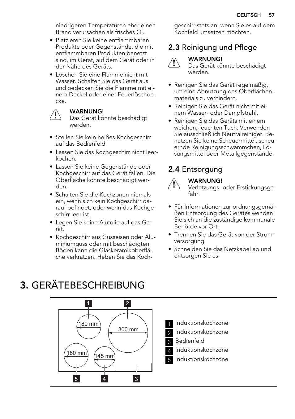 Gerätebeschreibung, 3 reinigung und pflege, 4 entsorgung | AEG HK854220XB User Manual | Page 57 / 72