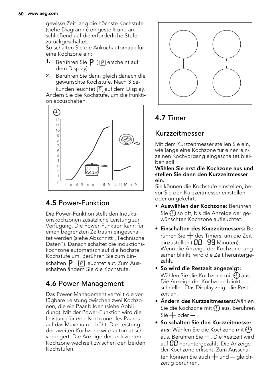 5 power-funktion, 6 power-management, 7 timer kurzzeitmesser | AEG HK854220XB User Manual | Page 60 / 72