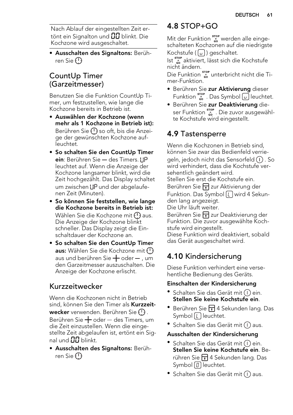 Countup timer (garzeitmesser), Kurzzeitwecker, 8 stop+go | 9 tastensperre, 10 kindersicherung | AEG HK854220XB User Manual | Page 61 / 72