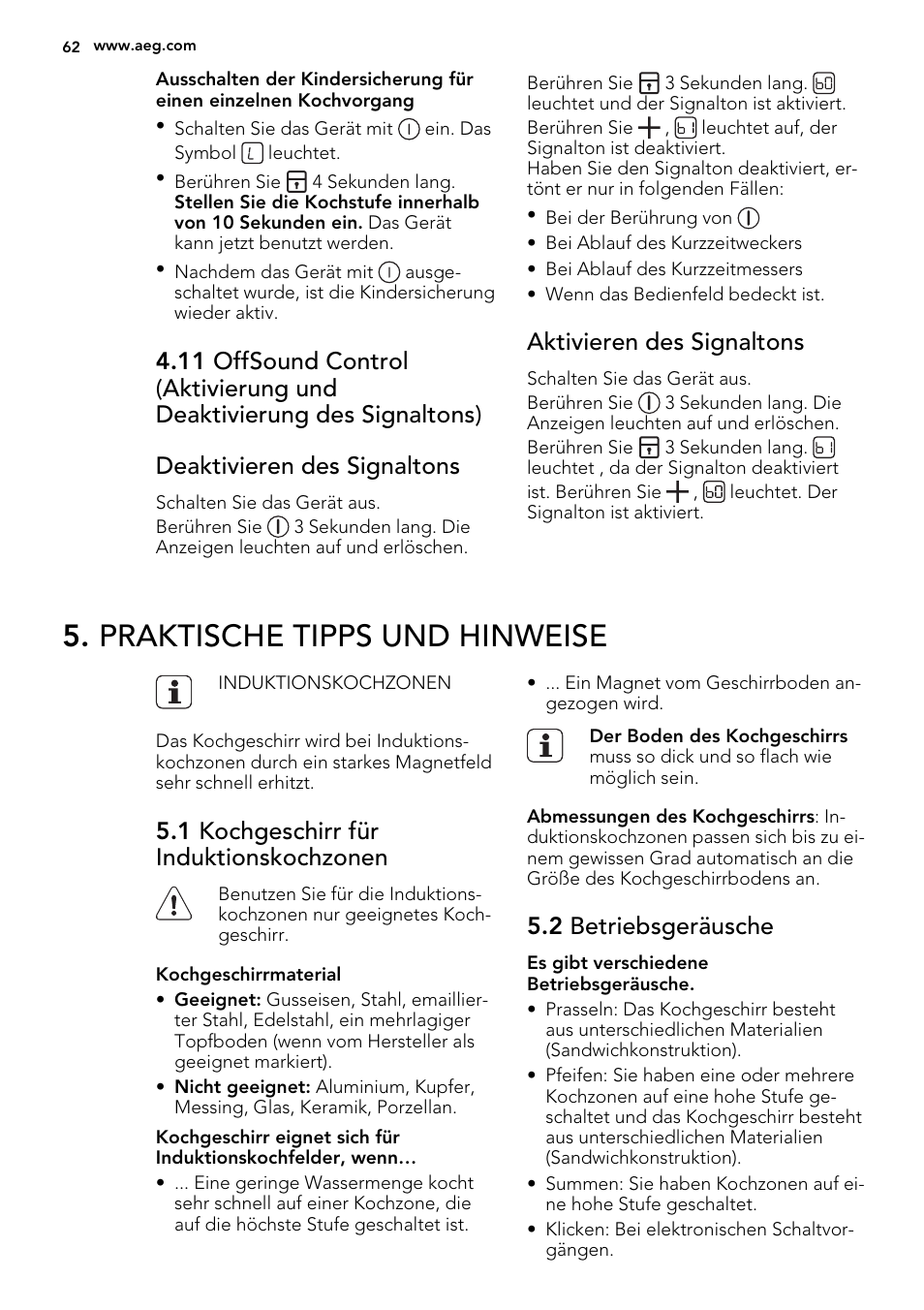 Praktische tipps und hinweise, Aktivieren des signaltons, 1 kochgeschirr für induktionskochzonen | 2 betriebsgeräusche | AEG HK854220XB User Manual | Page 62 / 72