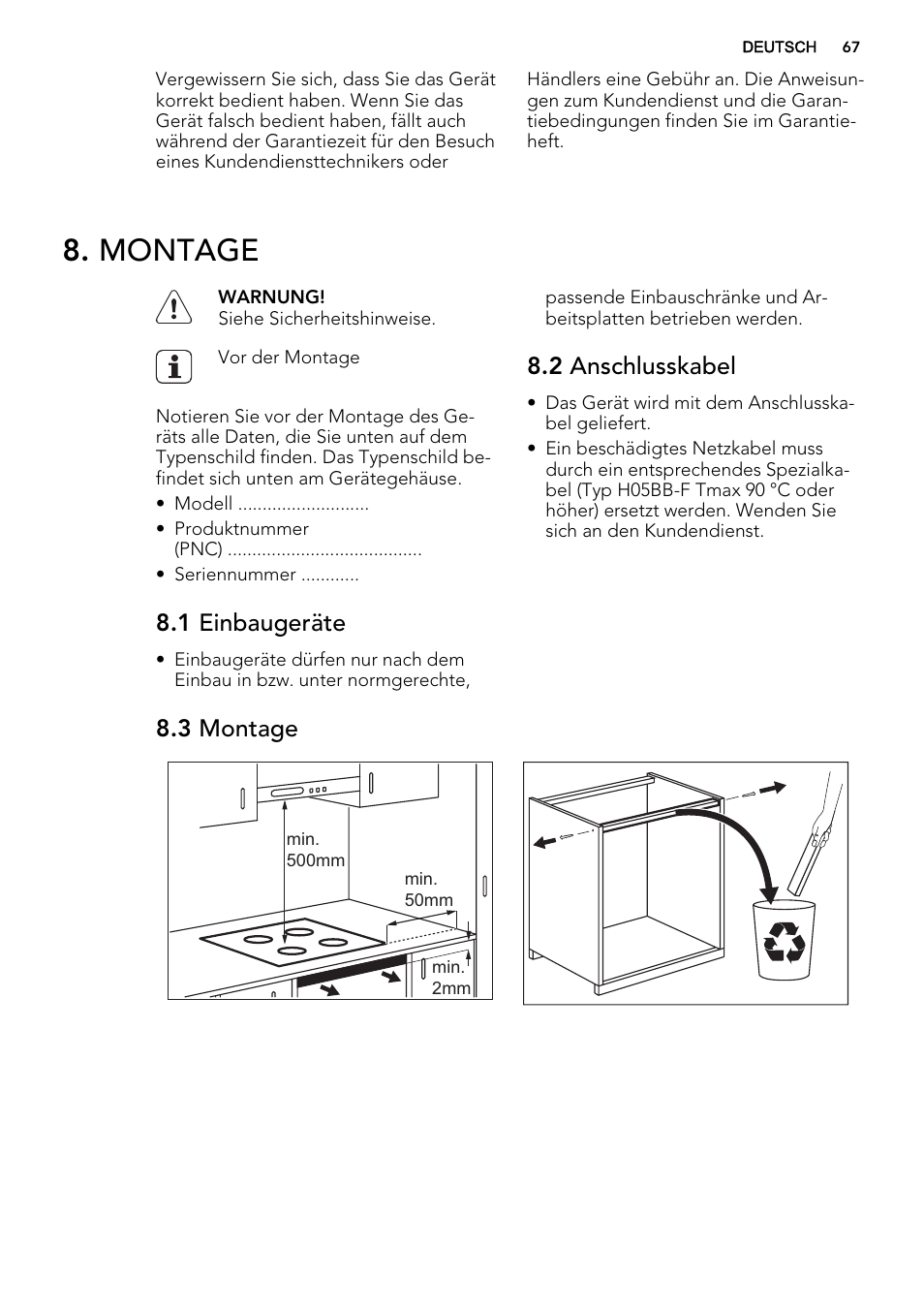 Montage, 1 einbaugeräte, 2 anschlusskabel | 3 montage | AEG HK854220XB User Manual | Page 67 / 72