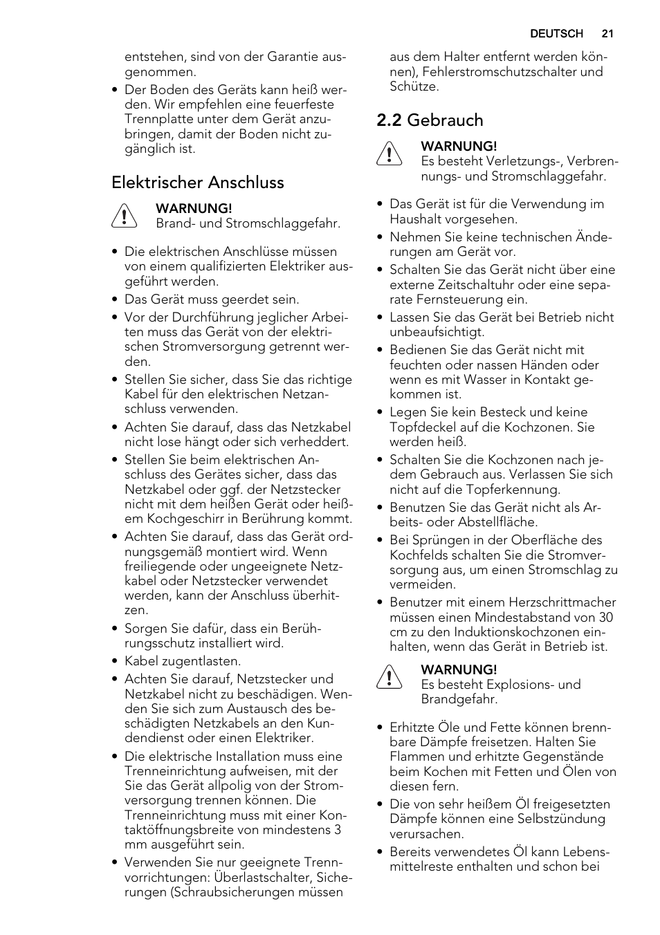 Elektrischer anschluss, 2 gebrauch | AEG HK854220IB User Manual | Page 21 / 56