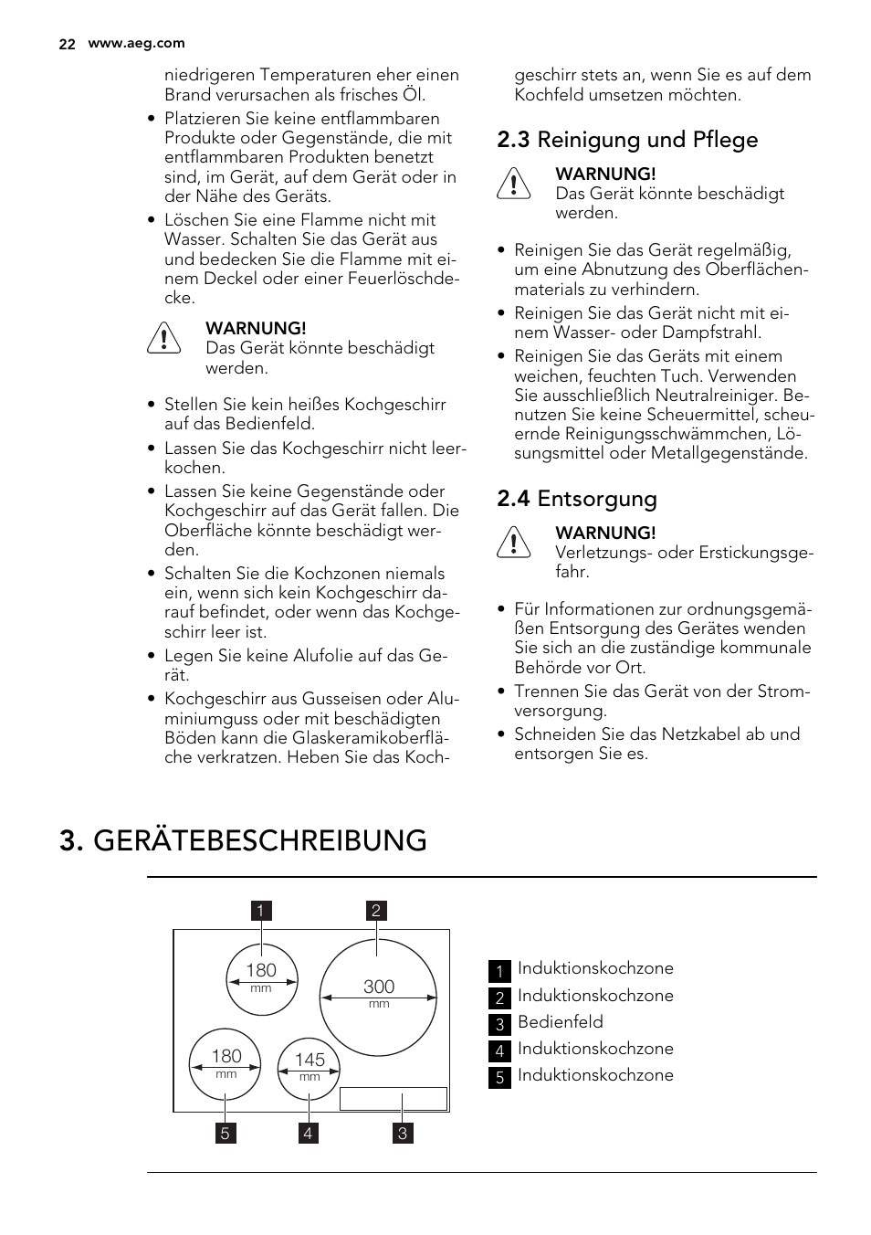 Gerätebeschreibung, 3 reinigung und pflege, 4 entsorgung | AEG HK854220IB User Manual | Page 22 / 56