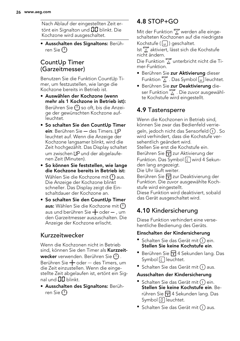 Countup timer (garzeitmesser), Kurzzeitwecker, 8 stop+go | 9 tastensperre, 10 kindersicherung | AEG HK854220IB User Manual | Page 26 / 56