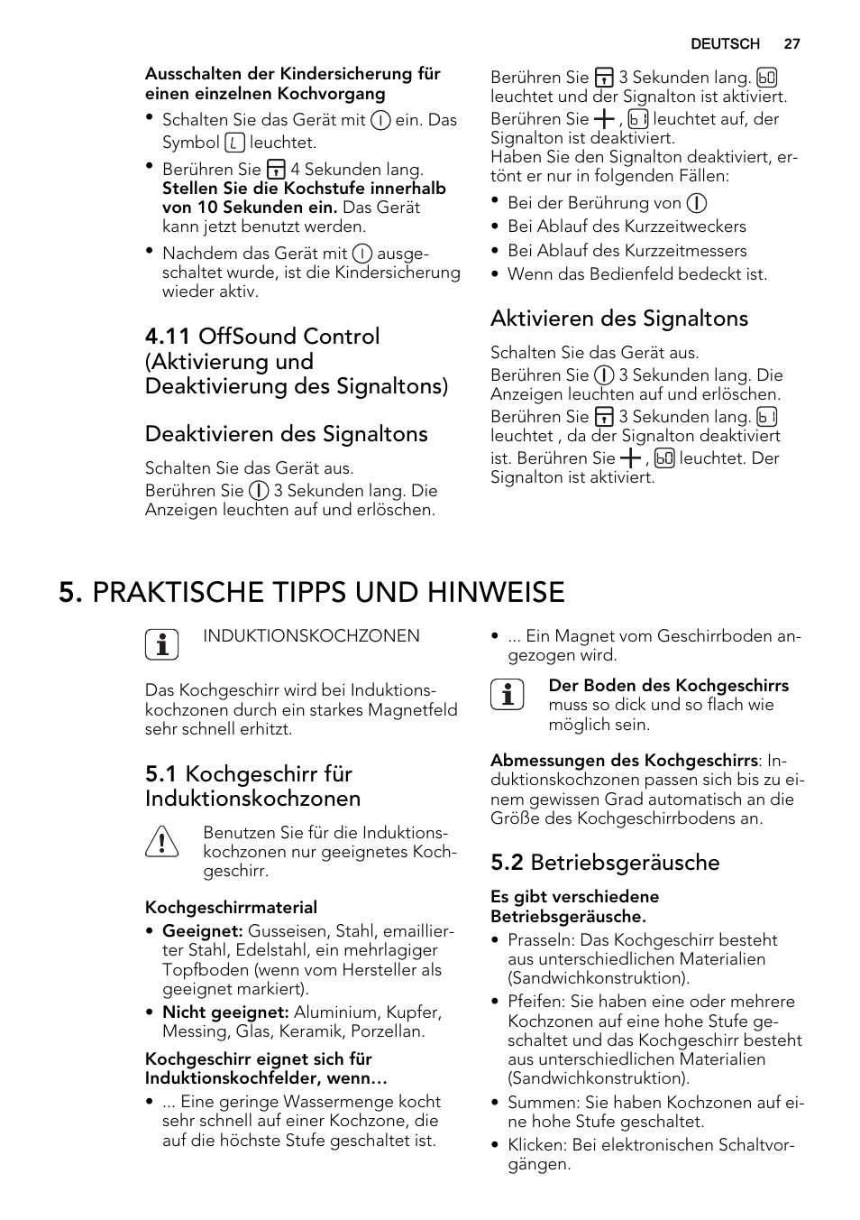 Praktische tipps und hinweise, Aktivieren des signaltons, 1 kochgeschirr für induktionskochzonen | 2 betriebsgeräusche | AEG HK854220IB User Manual | Page 27 / 56