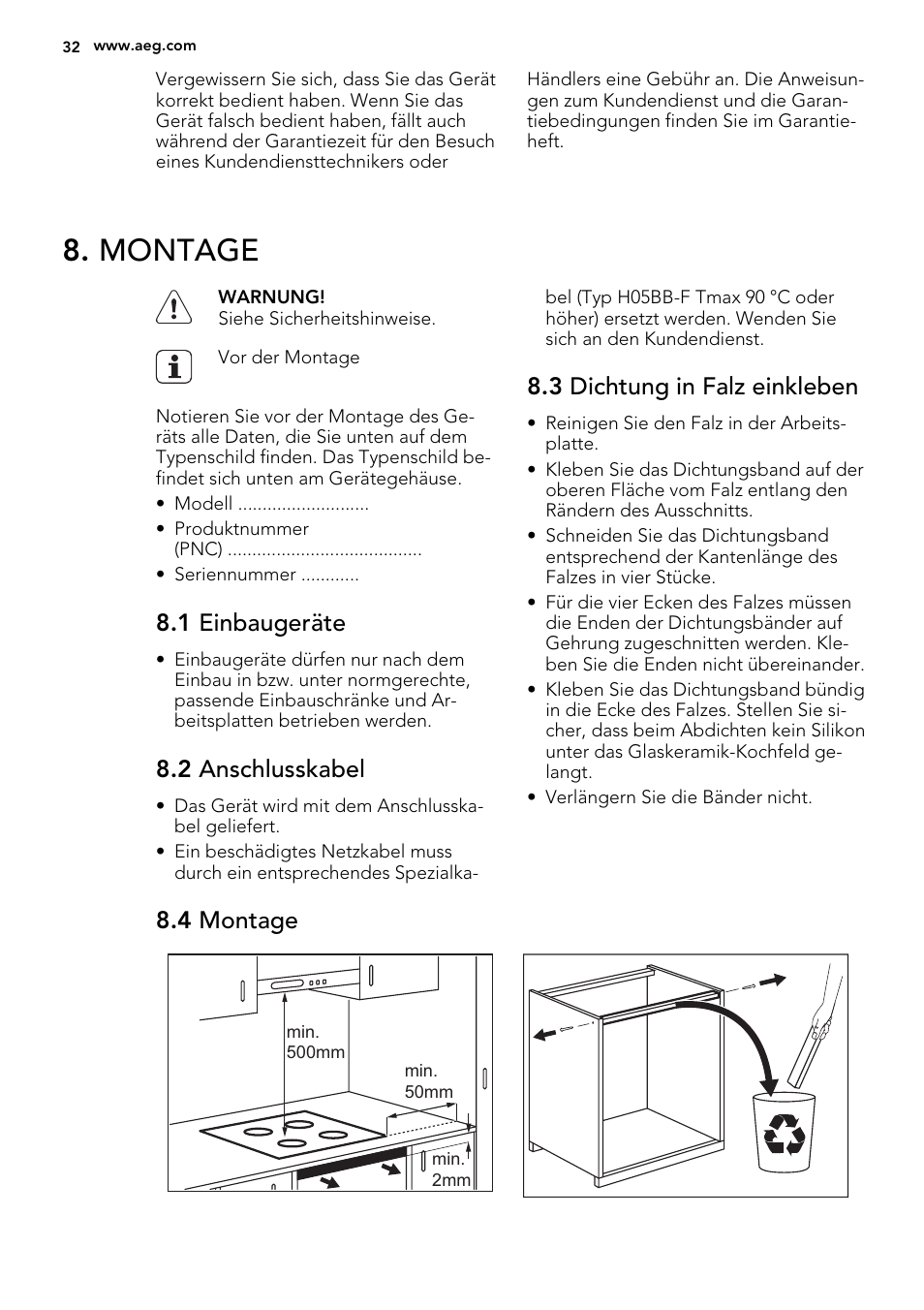 Montage, 1 einbaugeräte, 2 anschlusskabel | 3 dichtung in falz einkleben, 4 montage | AEG HK854220IB User Manual | Page 32 / 56