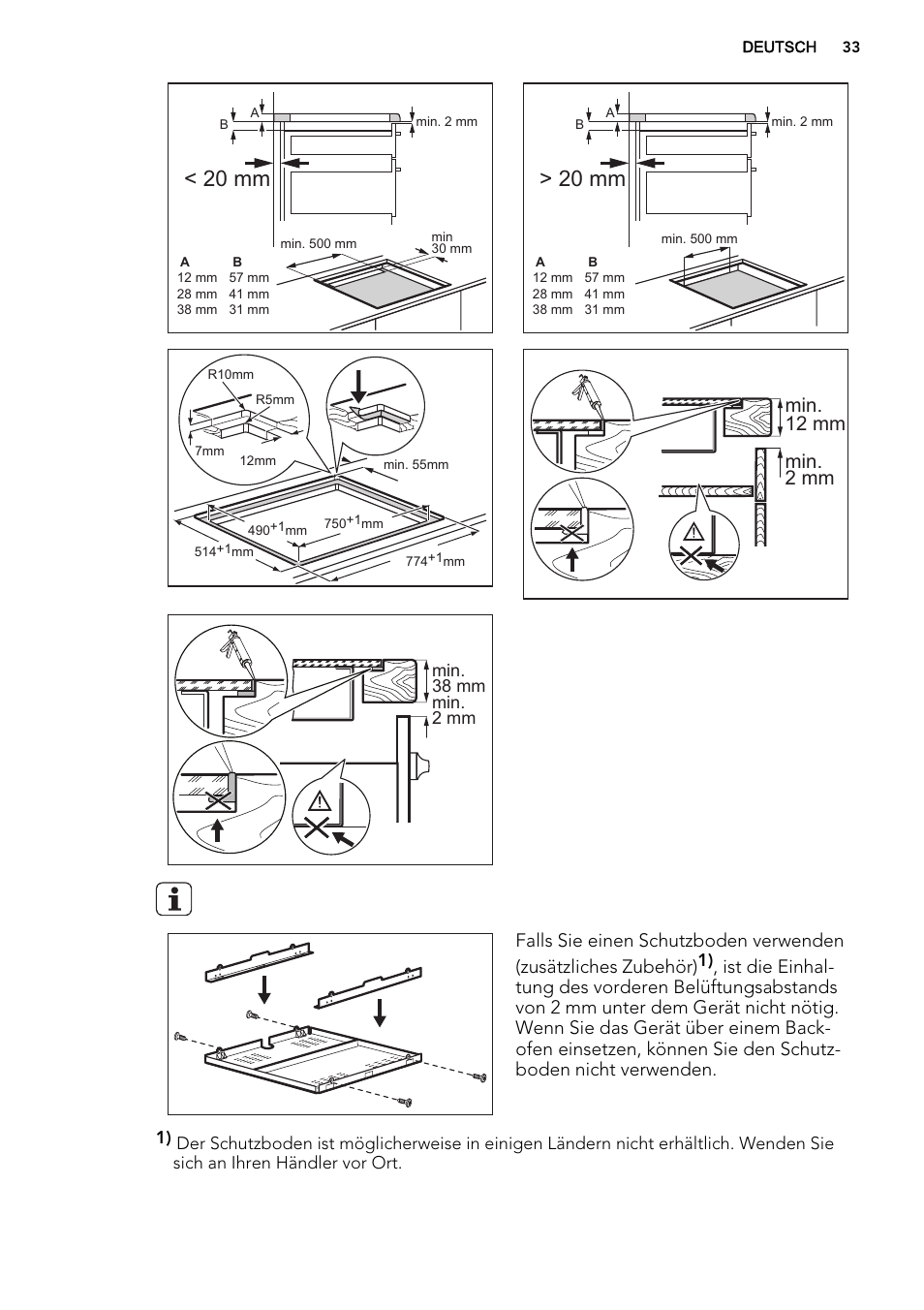 20 mm, Min. 12 mm min. 2 mm | AEG HK854220IB User Manual | Page 33 / 56