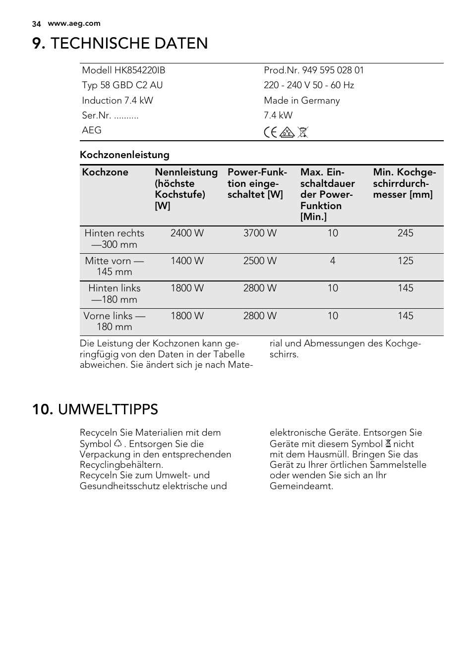 Technische daten, Umwelttipps | AEG HK854220IB User Manual | Page 34 / 56