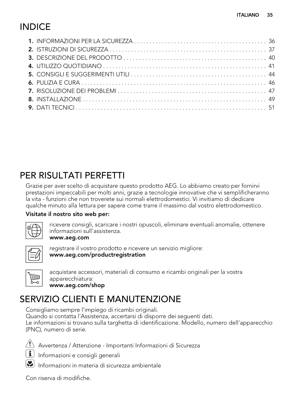 Indice, Per risultati perfetti, Servizio clienti e manutenzione | AEG HK854220IB User Manual | Page 35 / 56