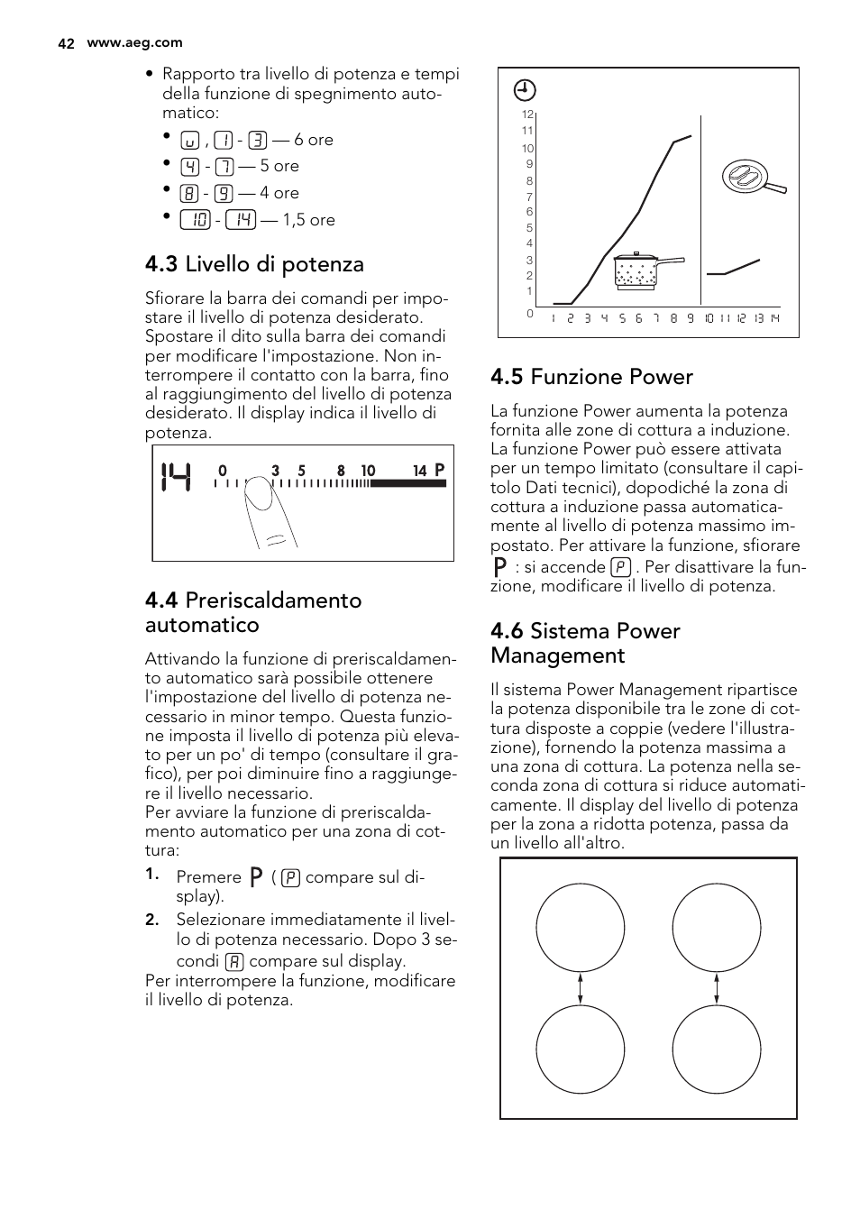 3 livello di potenza, 4 preriscaldamento automatico, 5 funzione power | 6 sistema power management | AEG HK854220IB User Manual | Page 42 / 56