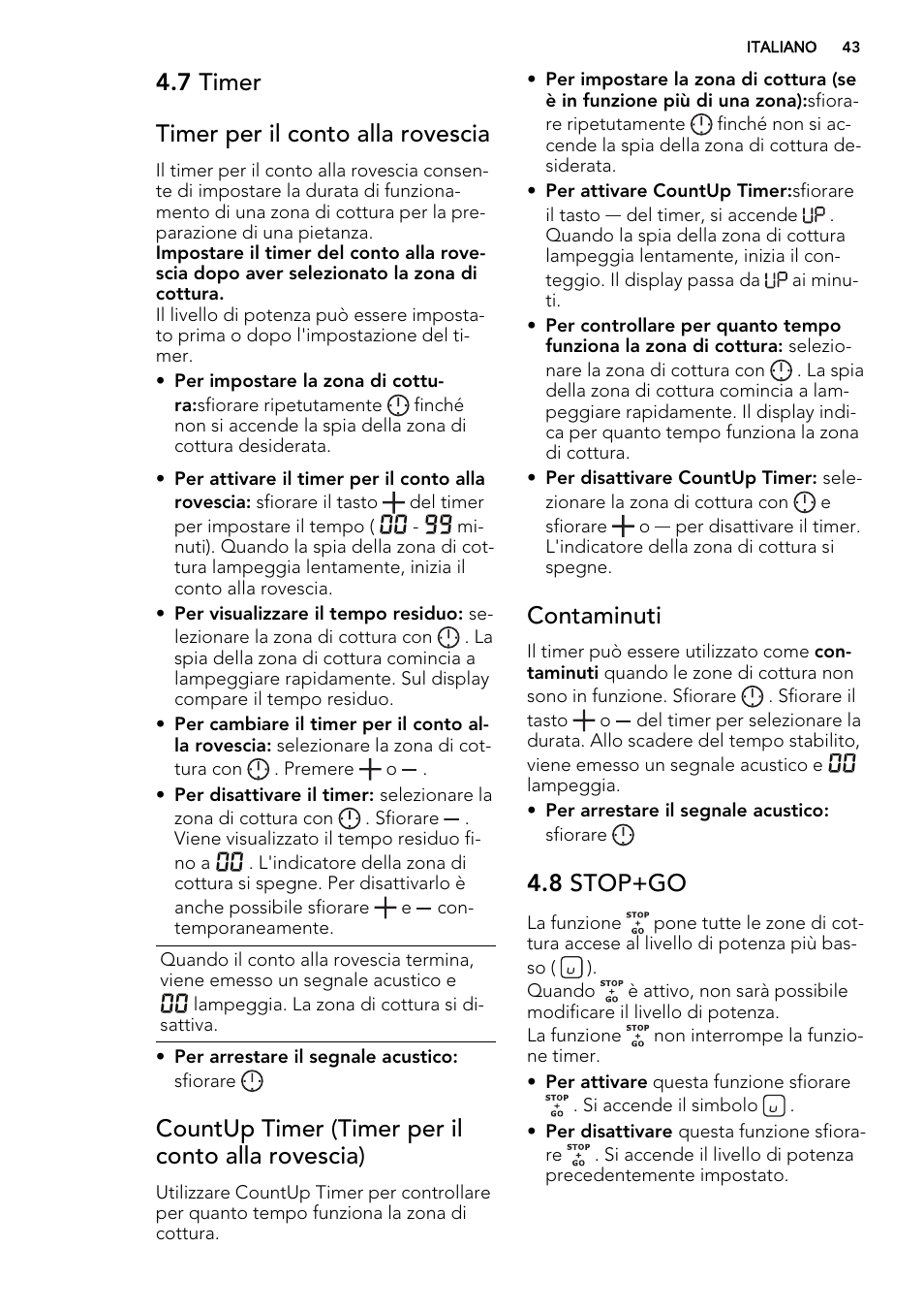 7 timer timer per il conto alla rovescia, Countup timer (timer per il conto alla rovescia), Contaminuti | 8 stop+go | AEG HK854220IB User Manual | Page 43 / 56