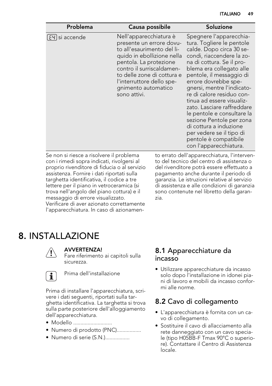 Installazione, 1 apparecchiature da incasso, 2 cavo di collegamento | AEG HK854220IB User Manual | Page 49 / 56