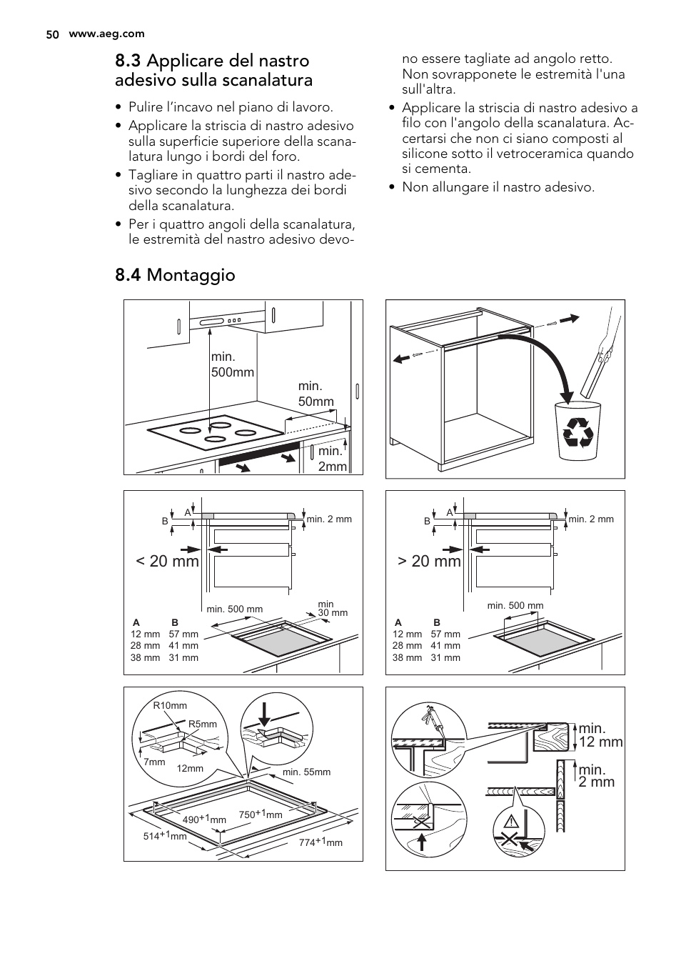 3 applicare del nastro adesivo sulla scanalatura, 4 montaggio, 20 mm | Min. 12 mm min. 2 mm | AEG HK854220IB User Manual | Page 50 / 56