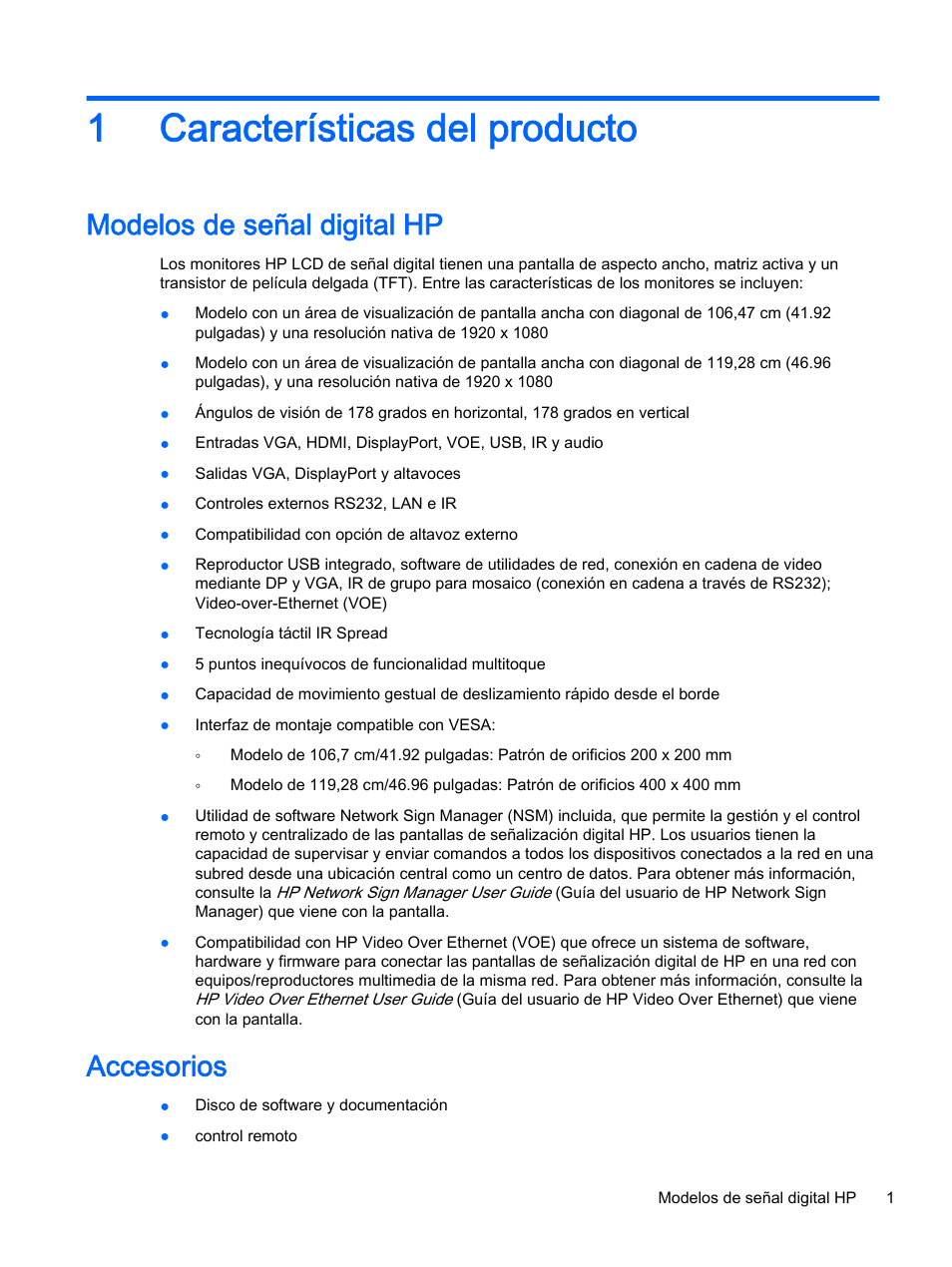 Características del producto, Modelos de señal digital hp, Accesorios | 1 características del producto, Modelos de señal digital hp accesorios, 1características del producto | HP Pantalla LED interactiva de 41.92 pulgadas HP LD4245tm Digital Signage User Manual | Page 11 / 117