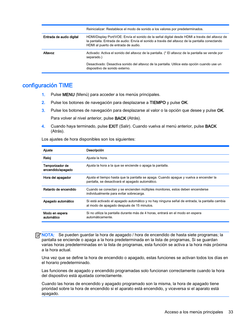 Configuración time | HP Pantalla LED interactiva de 41.92 pulgadas HP LD4245tm Digital Signage User Manual | Page 43 / 117