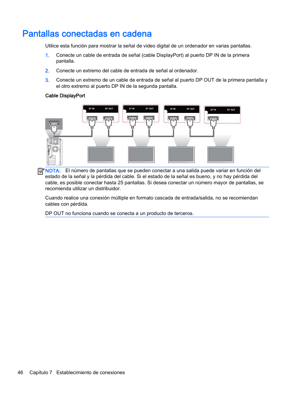 Pantallas conectadas en cadena | HP Pantalla LED interactiva de 41.92 pulgadas HP LD4245tm Digital Signage User Manual | Page 56 / 117