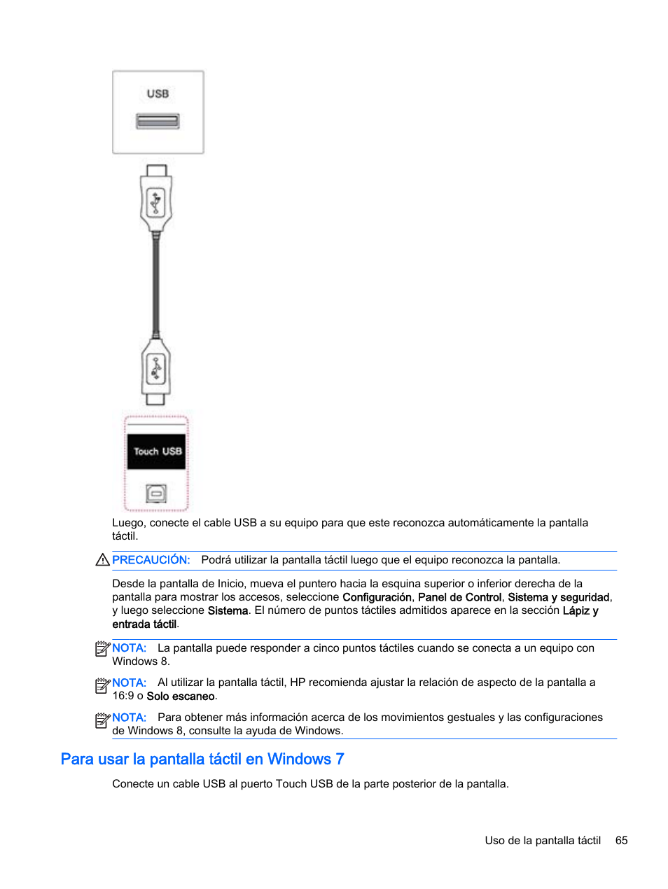 Para usar la pantalla táctil en windows 7 | HP Pantalla LED interactiva de 41.92 pulgadas HP LD4245tm Digital Signage User Manual | Page 75 / 117