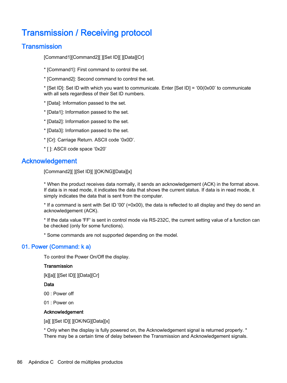 Transmission / receiving protocol, Transmission, Acknowledgement | Power (command: k a), Transmission acknowledgement | HP Pantalla LED interactiva de 41.92 pulgadas HP LD4245tm Digital Signage User Manual | Page 96 / 117