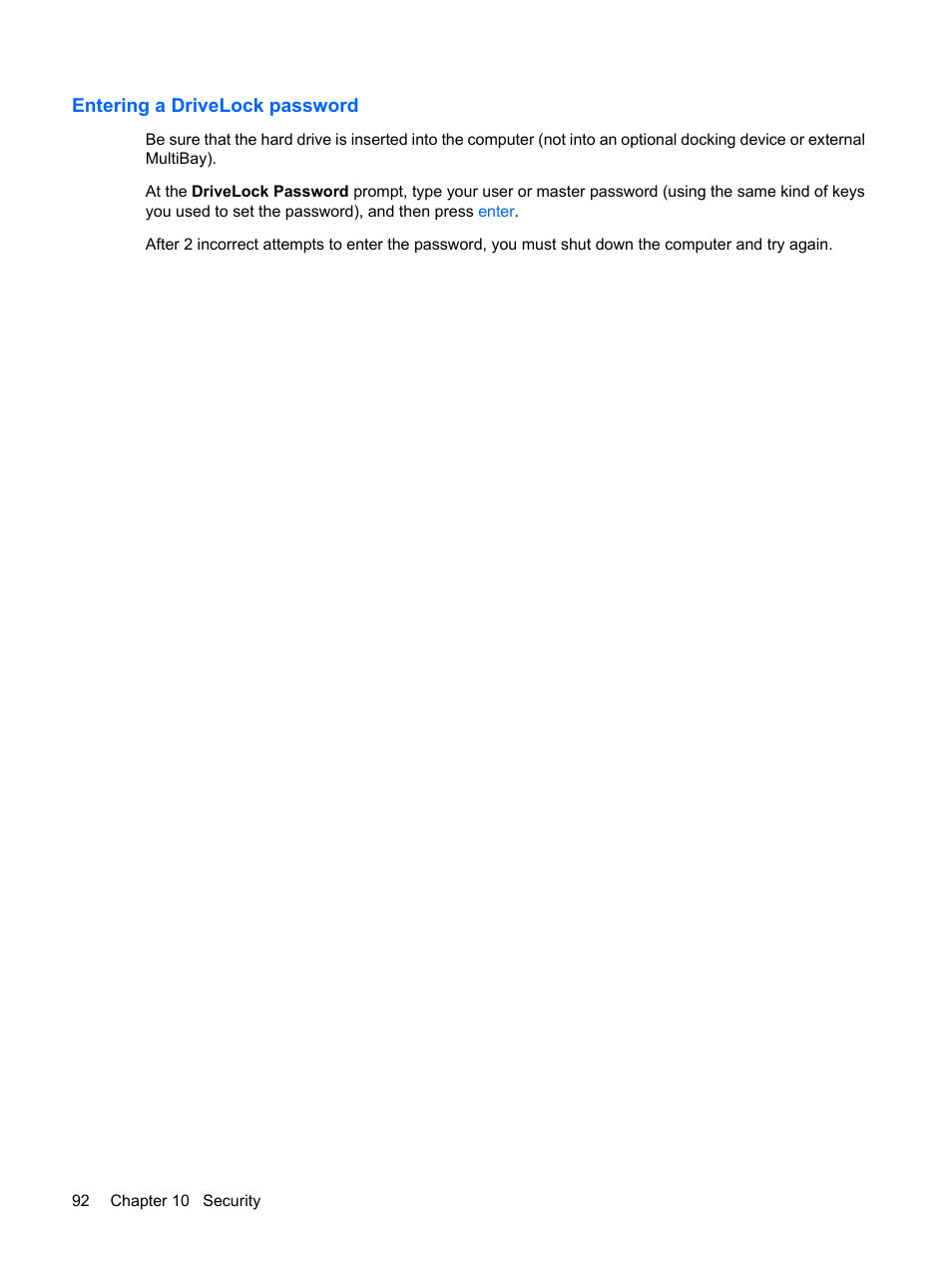 Entering a drivelock password | HP ProBook 5320m Notebook PC User Manual | Page 102 / 143