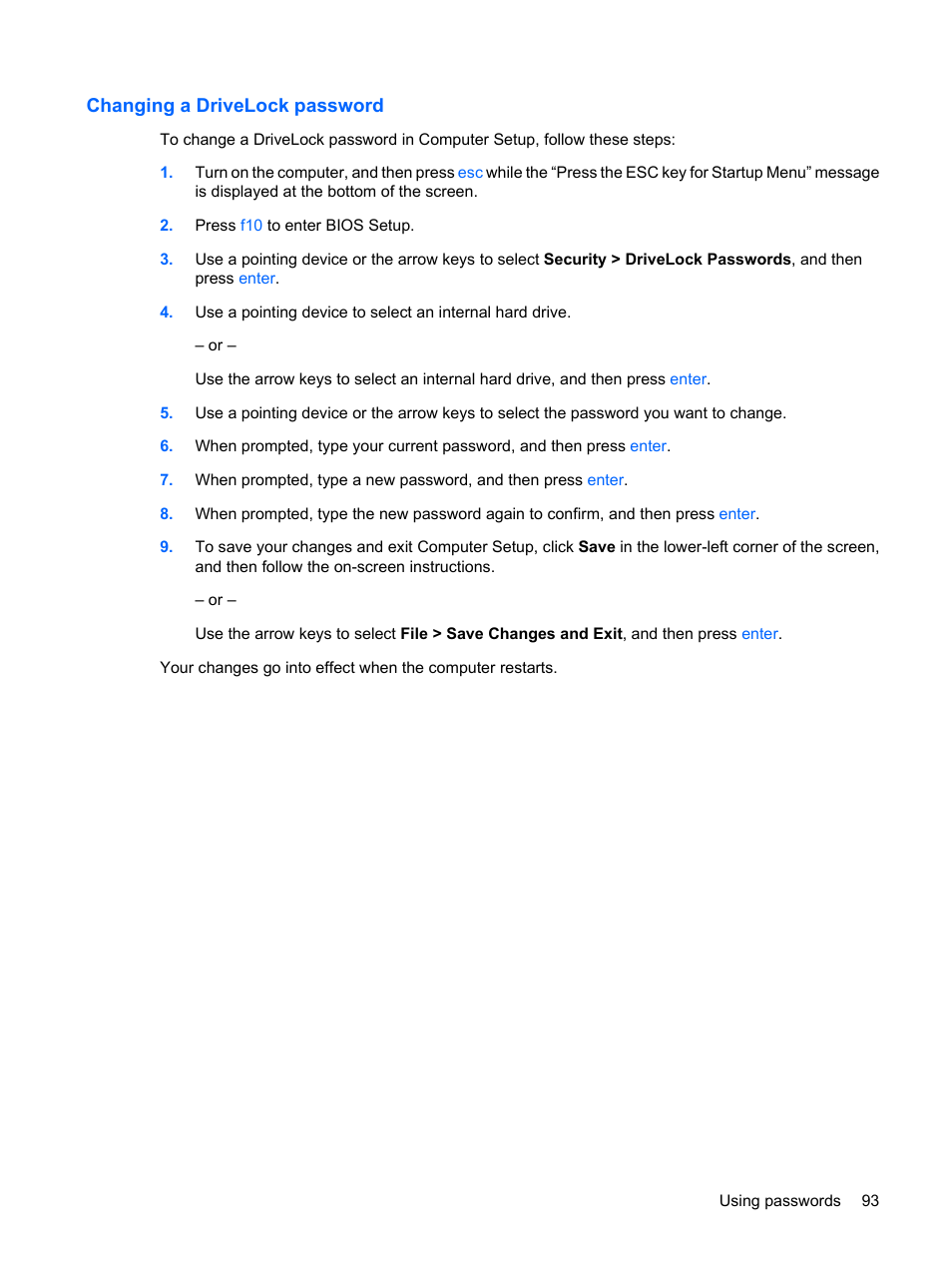 Changing a drivelock password | HP ProBook 5320m Notebook PC User Manual | Page 103 / 143