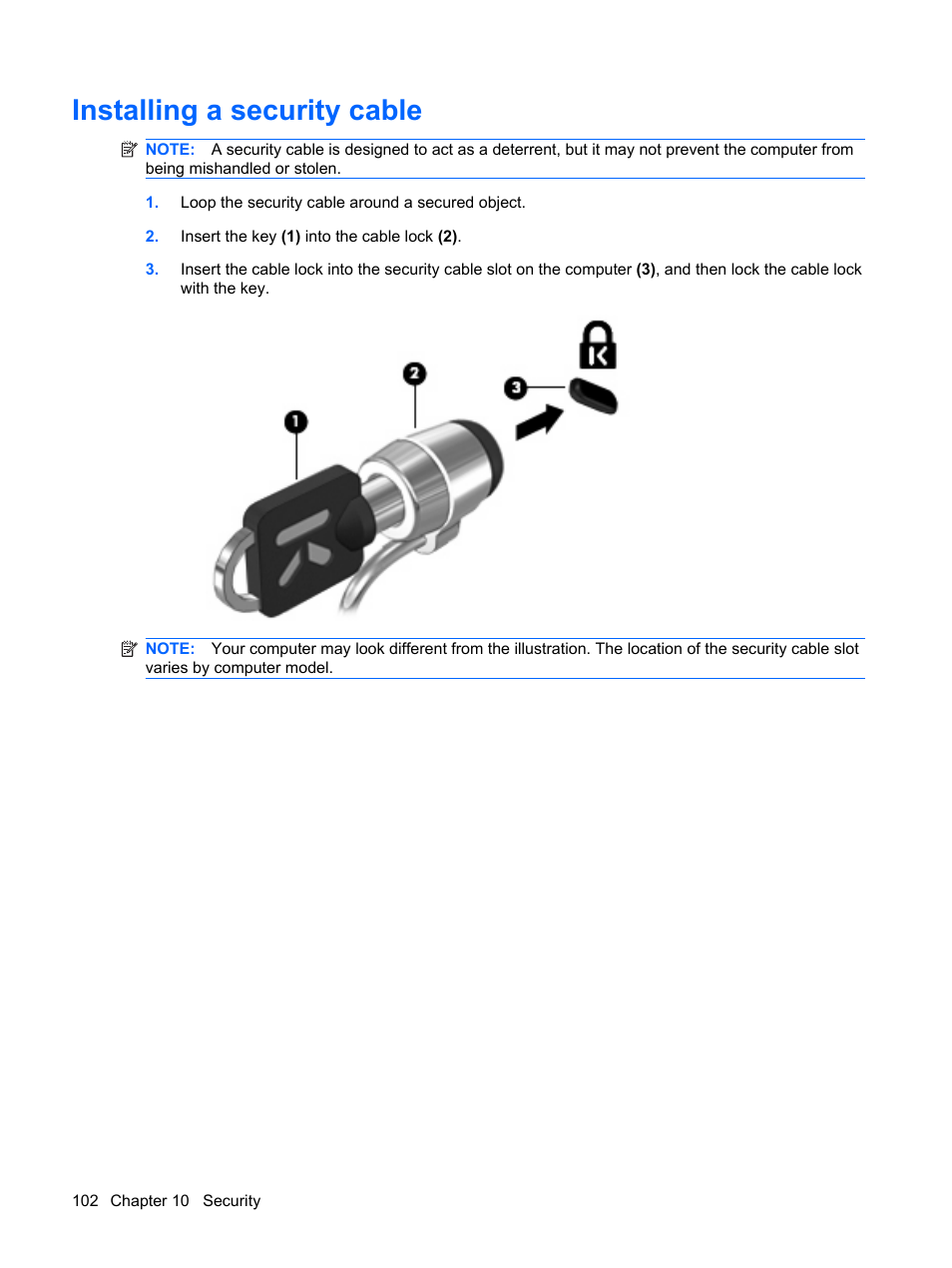Installing a security cable | HP ProBook 5320m Notebook PC User Manual | Page 112 / 143